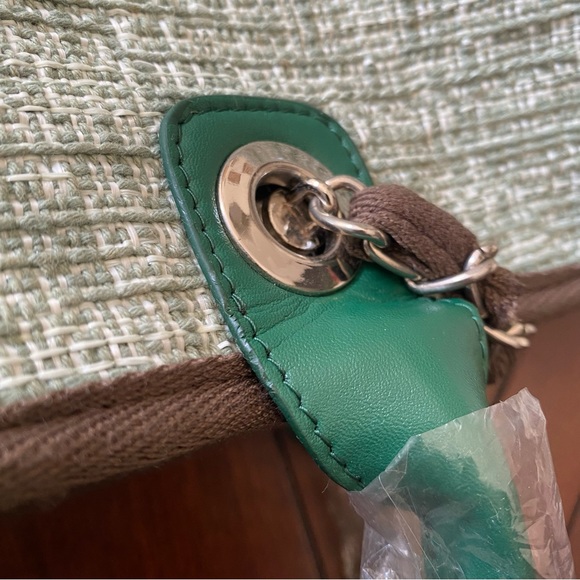 Green Brown Tweed Mixed Fiber Shopper Tote Bag w/ Chain Shoulder Strap C6 - Picture 16 of 16